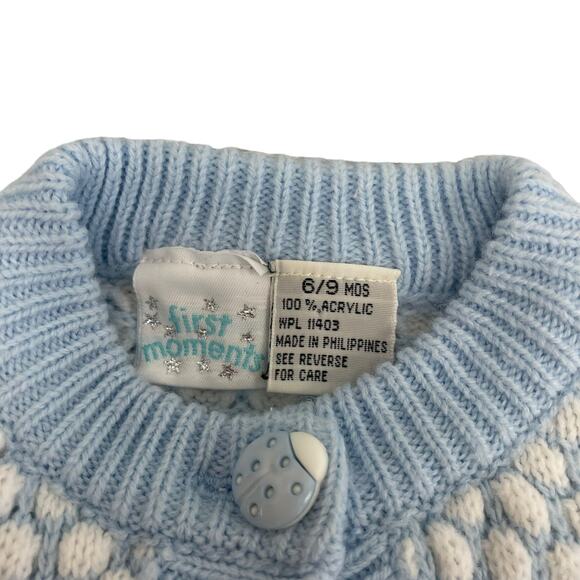 First Moments Vintage Blue White Sweater Knit Bodysuit Sleeper 6-9 Months - Picture 4 of 5